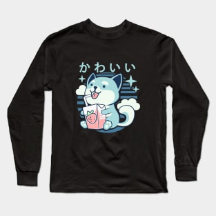 Kawaii Aesthetics Japanese Strawberry Milk Shake かわいい Dog - Blue - Strawberry Milk Long Sleeve T-Shirt